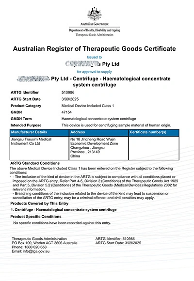 Certificación TGA de Australia para centrífugas